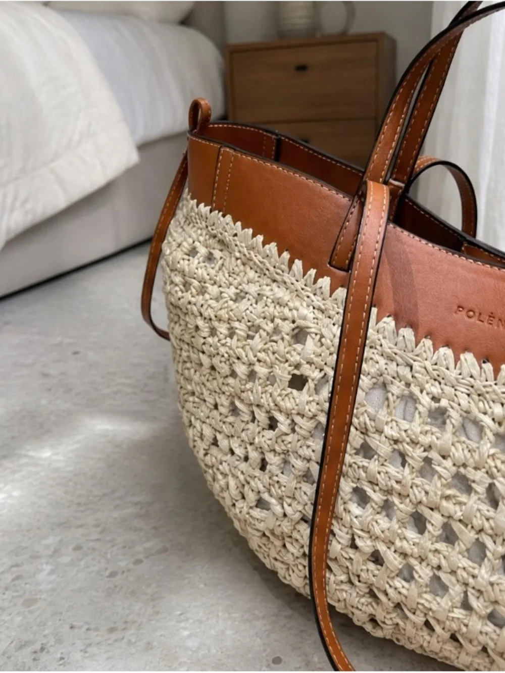 Woven Straw Tote Bag with Brown Faux-Leather Trim
